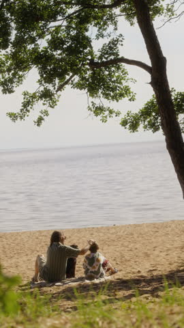 Vertical video of Caucasian middle aged father and child sitting on sandy beach with dog, playing with ball. Footage is perfect for family travel, pet-friendly vacation, or outdoor leisure ads