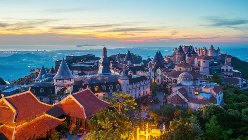 Time lapse of French village at bana hills at sunrise, Da nang, Vietnam.