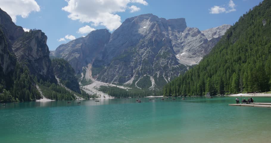Picturesque Landscape Of Lago Di Braies (Pragser Wildsee) In The Italian Dolomites, Italy. - wide shot