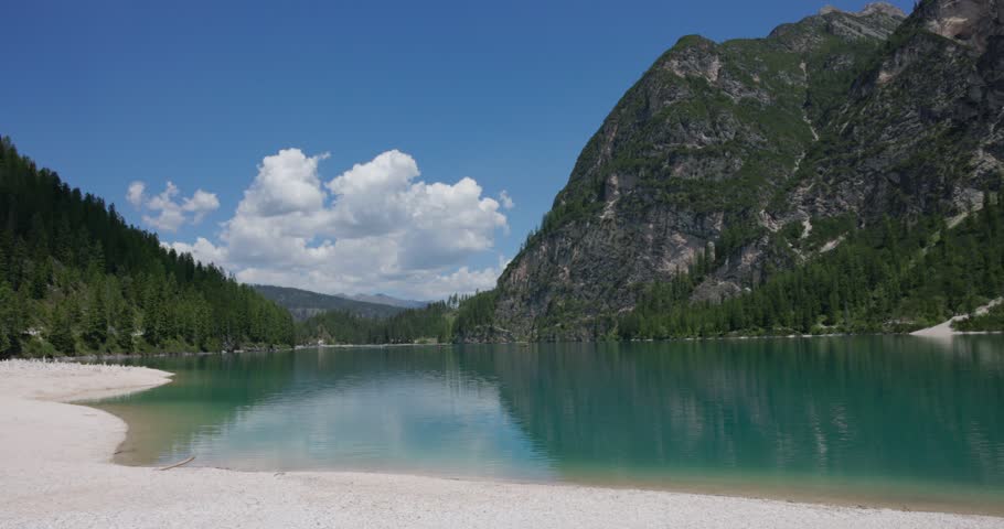 Lago di Braies (Pragser Wildsee) With Calm Emerald-Green Waters in the Dolomites of South Tyrol, Italy. - wide shot