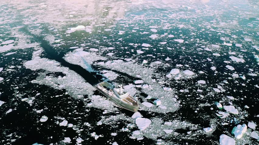 4K cinematic video of a boat navigating among towering icebergs in Greenland at dawn, featuring tranquil Arctic waters, glowing sunrise light, majestic floating ice formations, and a breathtaking polar landscape in pristine natural conditions.