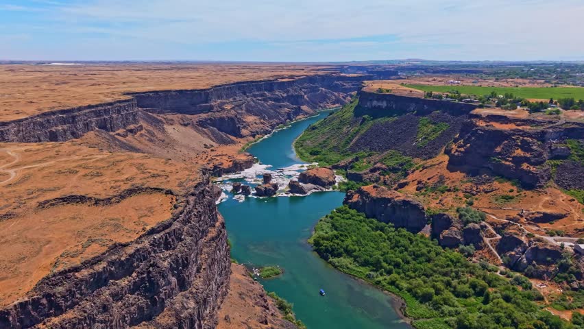 Scenic aerial view captures the Snake River winding through the canyon at Twin Falls