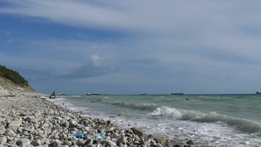 Rocky shoreline with sea waves and multiple tanker ships anchored on the horizon under a clear blue sky.