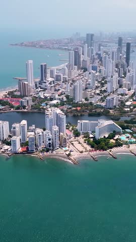 Bocagrande At Cartagena In Bolivar Colombia. High Rise Buildings Landscape. Downtown District. Cartagena At Bolivar Colombia. Touristic Attraction. Famous Walled City.