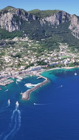 Island Of Capri At Naples In Campania Italy. Coastal City. Waterfront Landscape. Island Of Capri At Naples In Campania Italy. Beach Scenery. Medieval Buildings. Capri Skyline.