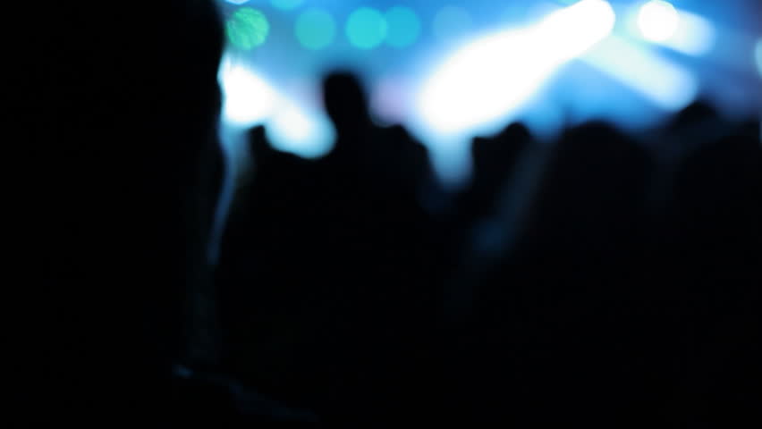 Concert crowd faces the illuminated stage during a music event, emphasizing audience viewpoint, bright lights and live entertainment atmosphere.