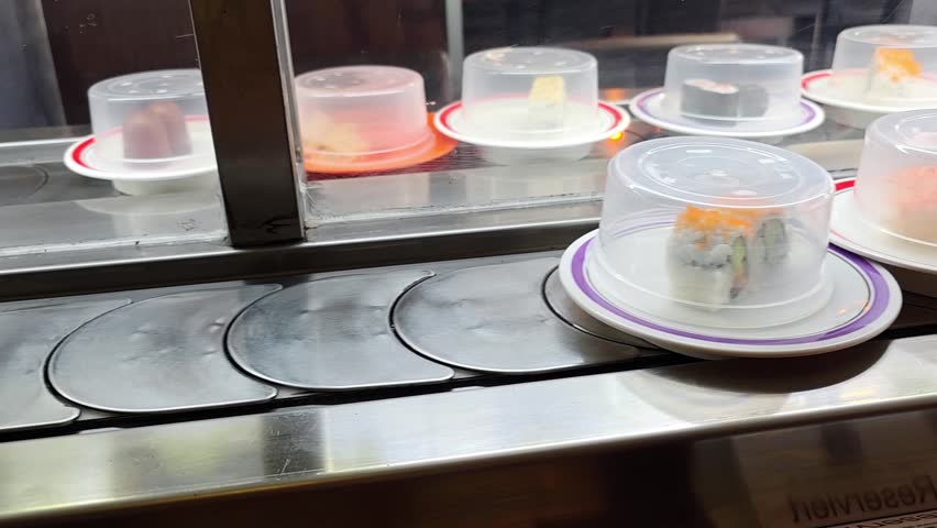 Sushi plates moving along the conveyor belt in a Japanese restaurant, colorful dishes lined up for selection, kaiten sushi dining, casual eatery scene.