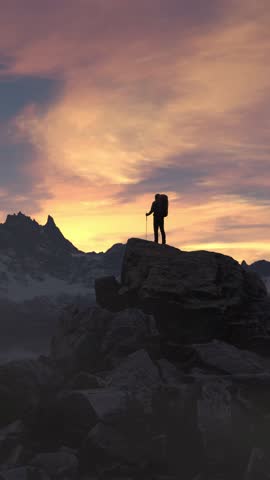 Adventurous Hiker Stands on Mountain Peak, Reflecting on a Beautiful Sunset Landscape