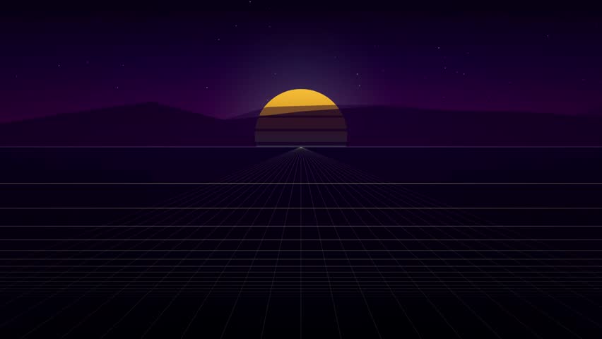 A vibrant geometric landscape features a glowing orb setting behind dark mountains over a reflective grid surface under a starry purple sky.