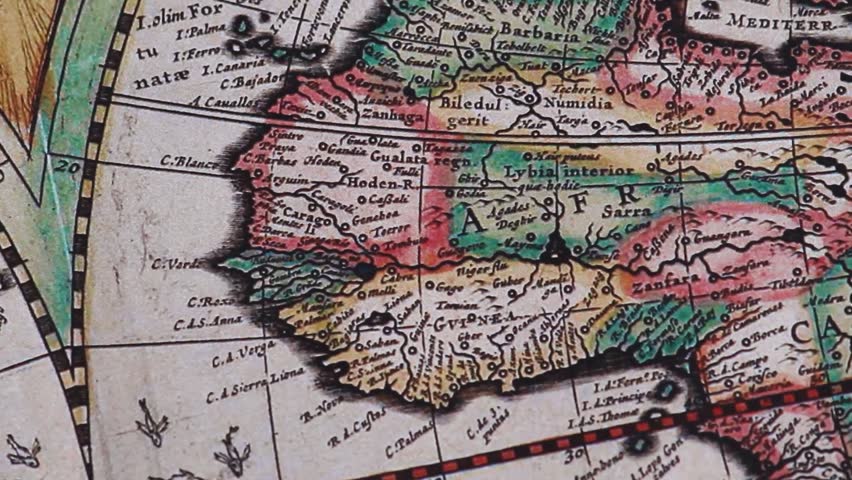 Panning detailed view of the commercial routes from africa to america into a modern printed reproduction of a 17th century map