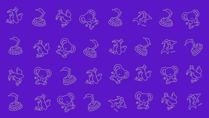Hand drawn cute wild animal doodle seamless pattern featuring toucan, snake, koala, and shark in minimal outline style. Perfect for kids wallpaper, fabric, wrapping paper, nursery decoration, textile print, scrapbook, packaging, and background design.