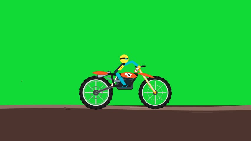 Animated stick figure riding a dirt bike on a green screen background