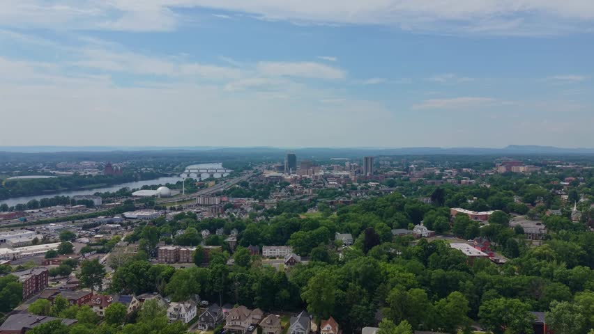 Panoramic View Of Urban Skyline Of Springfield Along Connecticut River In Massachusetts, USA. wide aerial shot