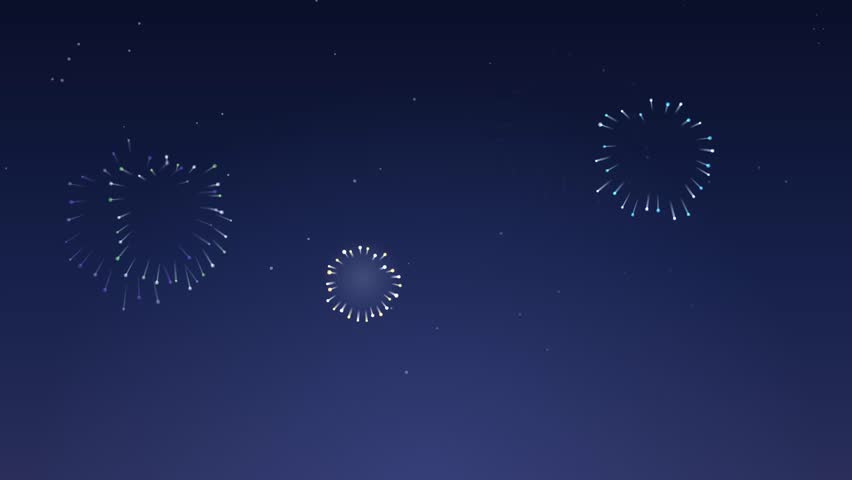 Beautiful white fireworks burst and sparkle in the deep blue night sky, scattered with distant stars. Festive light show.