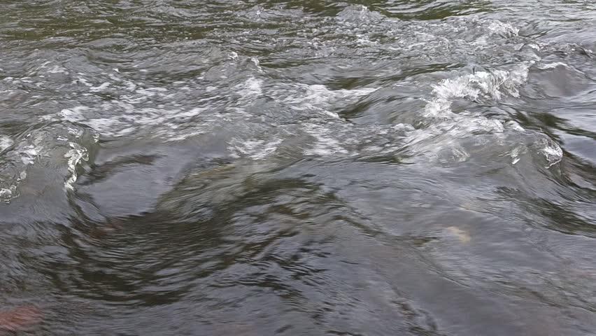 Close up of fast flowing river water with strong current and small rapids