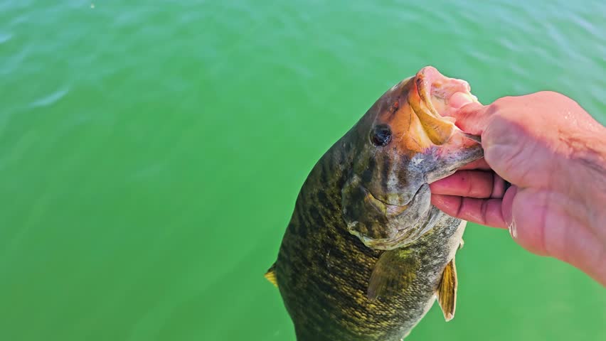 Angler releases a healthy smallmouth bass back into the lake, showing bronze fish detail, moving tail, soft waves, and catch and release fishing in bright daylight.