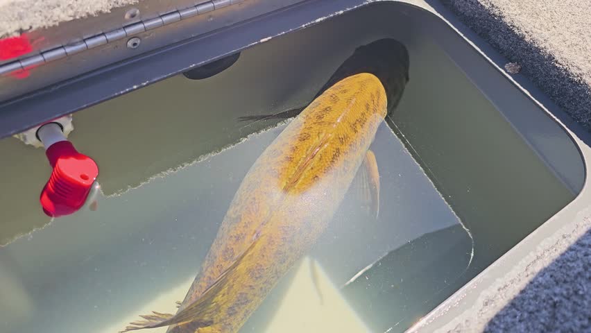 Close-up of a smallmouth bass in a boat live well, with shimmering water surface, textured deck carpet, and responsible freshwater fishing catch management.