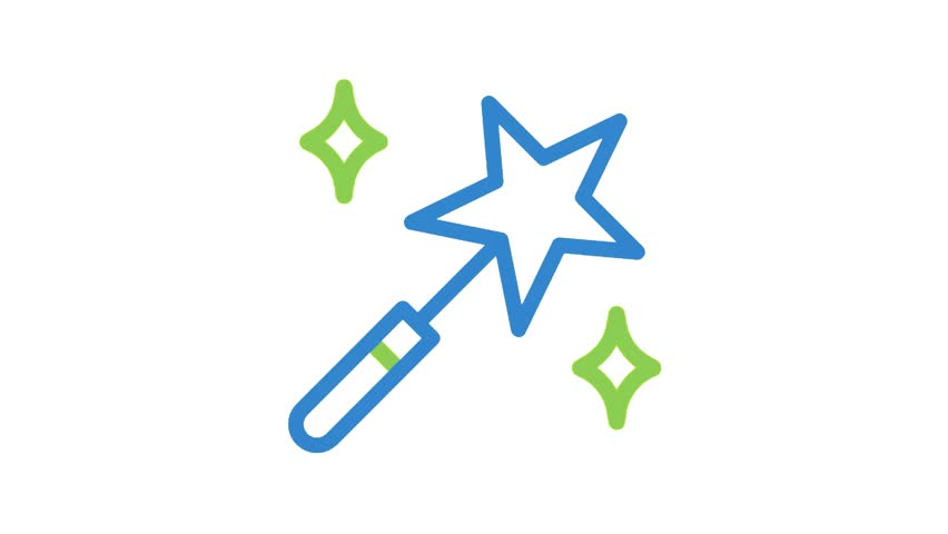 A minimalist digital illustration featuring a blue magic wand icon accented with green sparkling stars, representing creative editing and special effects.
