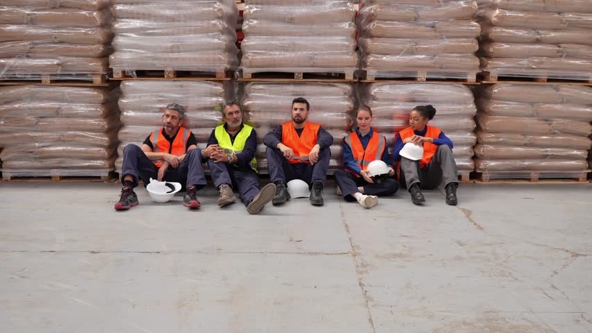 Diverse team of tired industrial workers sitting on the floor, resting and talking during a work break in a large logistics warehouse