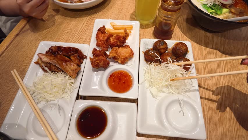 Top-down shot of hands using chopsticks to pick up cabbage from a Japanese food platter.