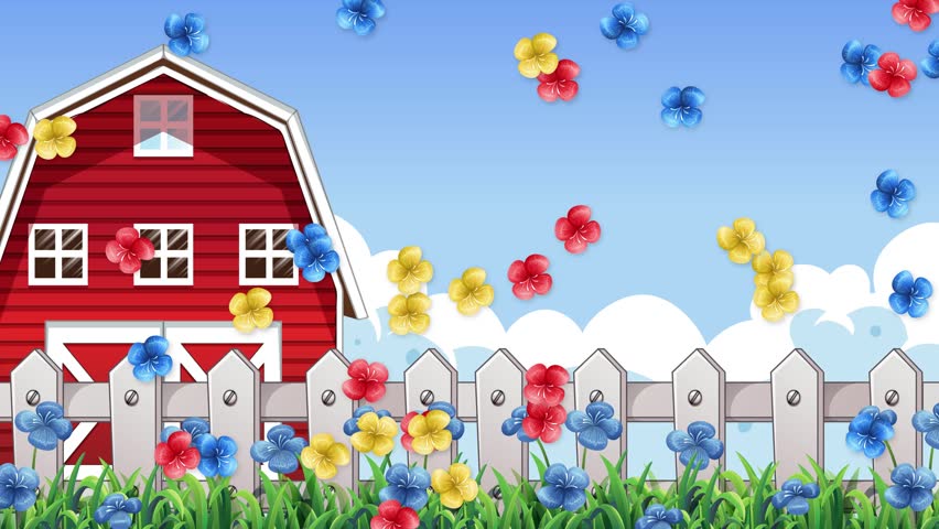 Animated colorful flowers fall over a red barn and white fence under blue skies.