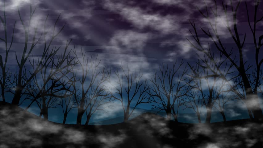 Dark animated forest silhouette under a purple night sky with drifting clouds and light rays.