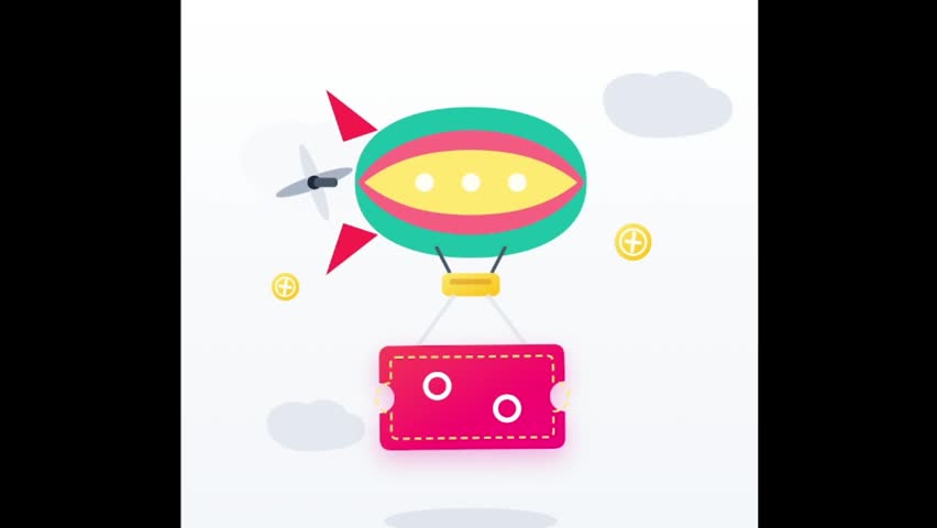 Commercial conceptual video illustration of a colorful retro blimp airship flying through the sky while carrying a giant pink discount voucher ticket. The creative flat animation features a stylized zeppelin decorated with gold coins, soft clouds, and a tiny propeller airplane, symbolizing promotional deals, flight ticket travel discounts, e-commerce shopping rewards, and creative marketing campaigns. This modern minimal motion graphic represents customer loyalty gifts, seasonal clearance giveaways, and business advertising. Perfect video asset for travel agency website banners, digital commercial ads, online shop promos, and retail marketing vlog clips.
