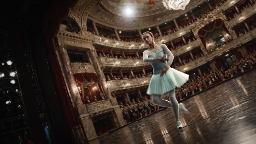 Acclaimed Female Ballerina in a Flowing Tutu Performs an Expressive Classical Solo on a Majestic Opera House Stage, Cinematic Camera Gliding Around Her Poised Elegance in Super Slow Motion 1000fps.