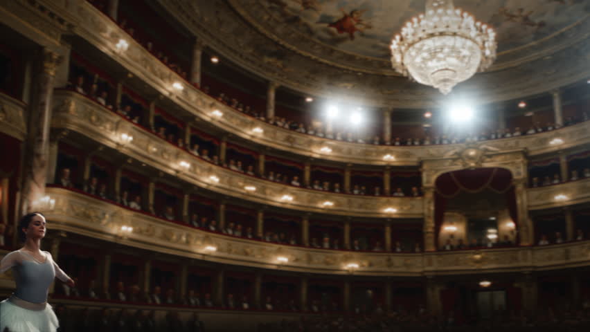 Super Slow Motion of a World-famous Ballerina Performing a Graceful Grand Jeté Leap on Stage at a Grand National Opera Theater, Cinematic Camera Orbiting the Elegant Dancer Above the Audience.