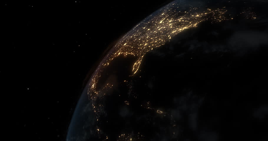 Timelapse of Sunrise Over Rotating Earth Seen From Space, Golden Dawn Illuminating Glowing Urban Lights at Night. Opener Graphics for Broadcast News Intro on Communication, Connectivity, Future