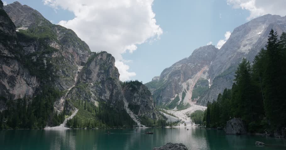 Limestone Peaks Around The Lake Braies (Pragser Wildsee) In The Fanes-sennes-braies Nature Park In Dolomites, South Tyrol, Italy. - wide shot