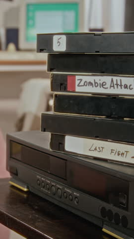 Vertical shot of vintage VHS tapes stacked on retro VCR player with handwritten labels. Footage is ideal for media digitization services or nostalgia-themed marketing campaigns