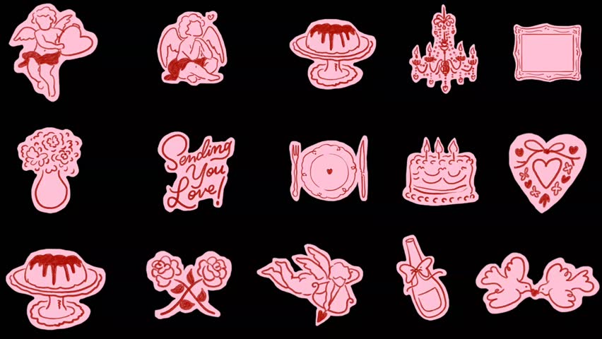 Animated collection of cute Valentine doodle stickers featuring cupid, flowers, cake, chandelier, champagne, bouquet, heart cookie, decorative frame, and romantic love elements on a black background. Ideal for Valentine