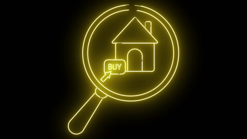 A neon yellow magnifying glass encircles a house icon with a BUY button and cursor arrow