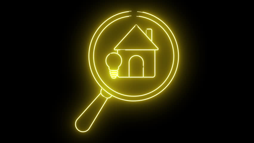 A neon yellow magnifying glass highlighting a house icon with a light bulb inside