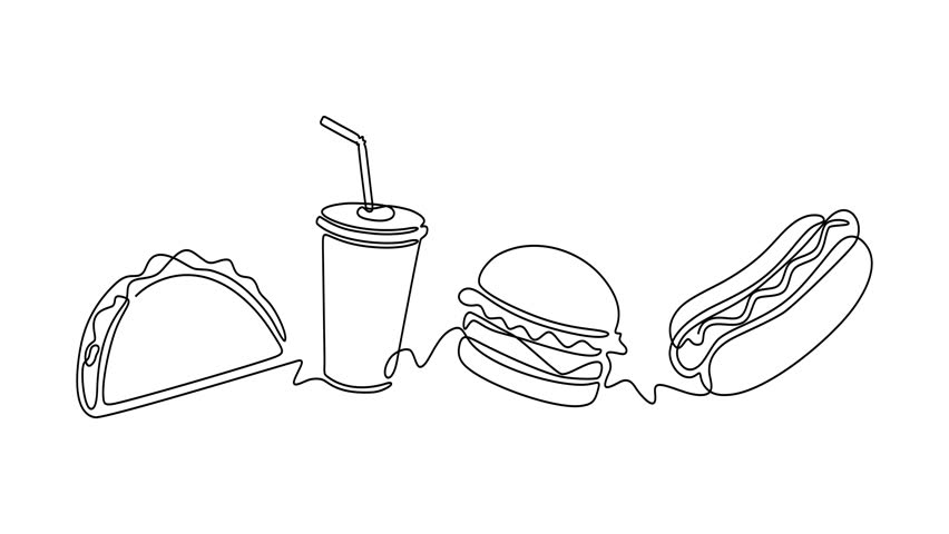 Animated self drawing of continuous line draw of Fast food one line icons set. Posters of fast food products, hot dog, taco, burger, soda, cafe theme for logo. Full length one line animation. 4K