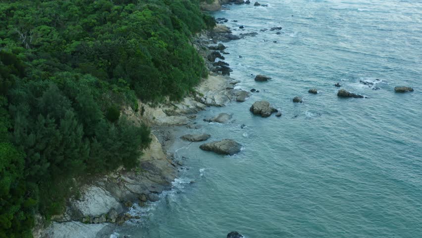 A drone view of a rocky shoreline where turquoise waves meet dense green coastal forest in Okinawa, Japan