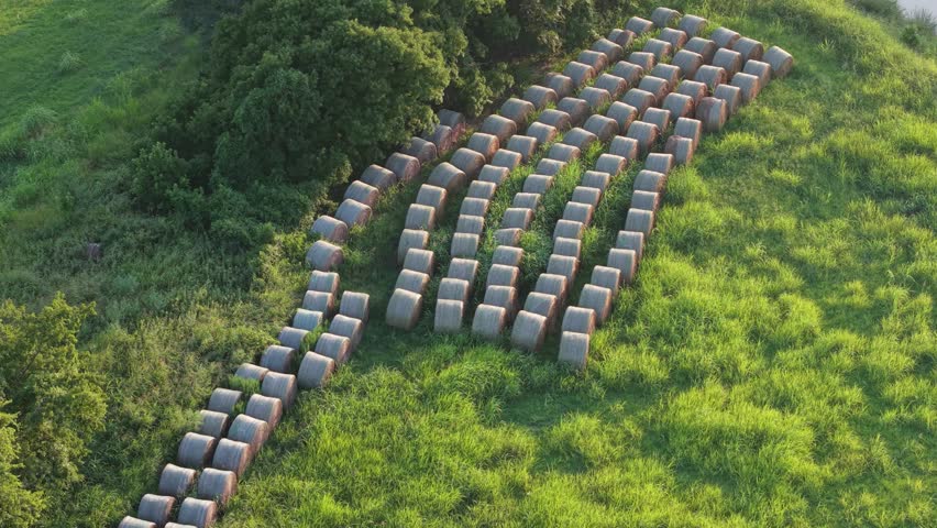aerial view of dozens of round hay bales neatly organized in rows across a vibrant green agricultural field beside a winding creek and tree line in rural Oklahoma.
