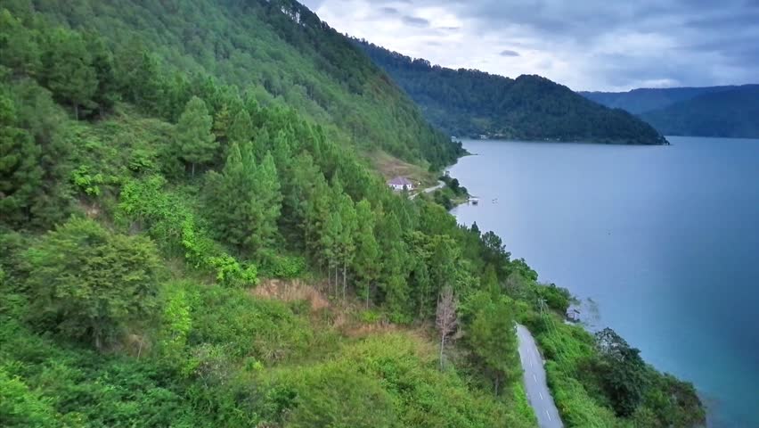 Descending 4K drone view over lush pine forest, hillside road and peaceful Lake Toba shoreline in North Sumatra, Indonesia.