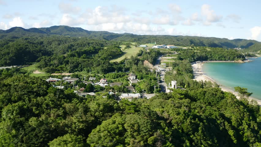 An aerial view of a quiet coastal village in Okinawa, Japan, framed by dense forest and a curved sandy shoreline in bright afternoon light