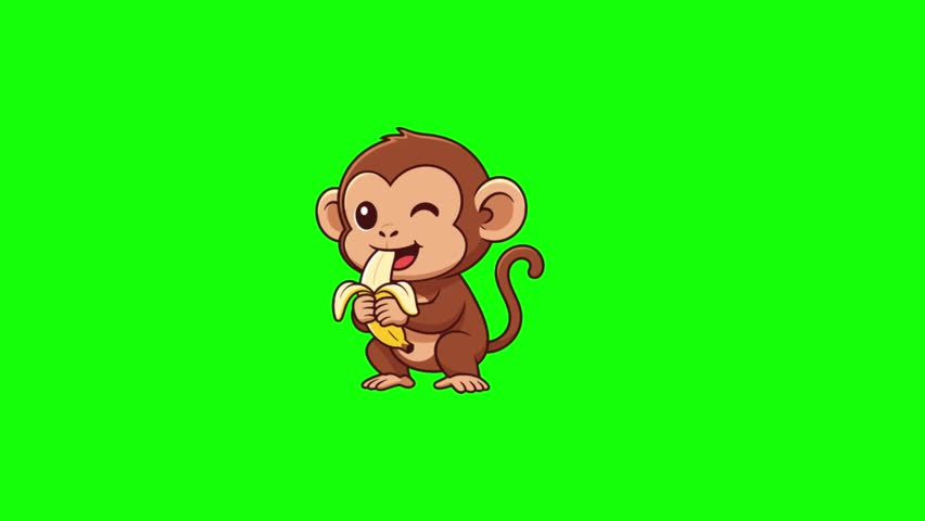 Animated monkey character performing playful actions like swinging from tree branches and eating delicious yellow bananas on a bright green chroma key background for creative video motion footage projects today