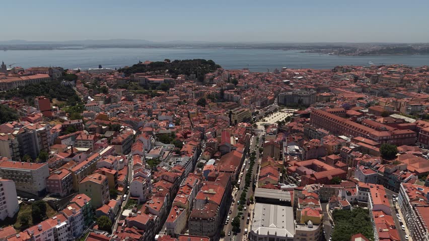 Aerial View of Lisbon City and Red Rooftops Portugal