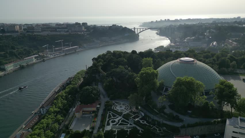 Aerial View of Douro River and Crystal Palace Gardens in Porto Portugal