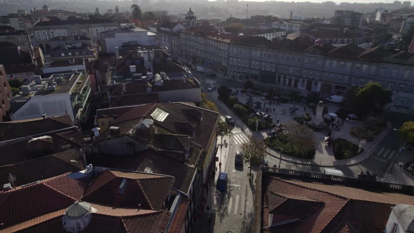 Aerial view of the historic city center and old town rooftops in Porto, Porto District, Portugal.