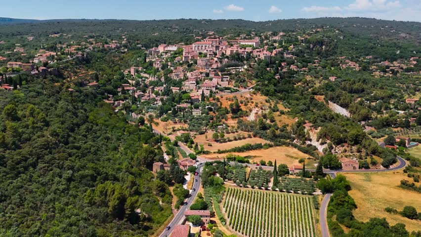 Aerial drone view Gordes commune on top of a hill. Provence-Alpes-Cote d