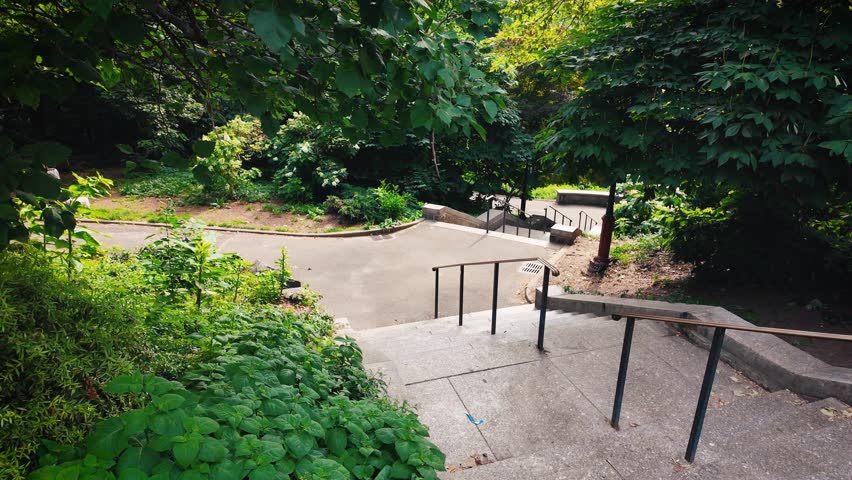 Stone staircase winding through lush vegetation in Central Park, New York City, showcasing peaceful urban nature, walking paths and vibrant green foliage in summer.