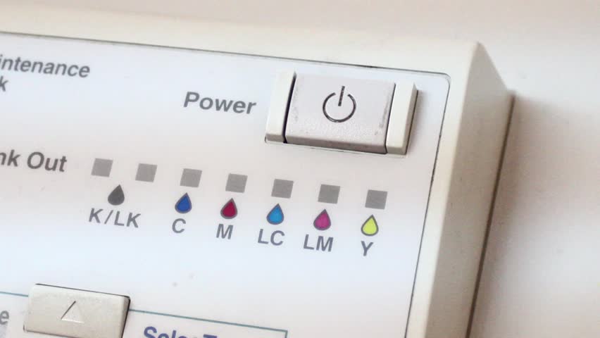 Switch off and on. Large printer, ploter power button switch being turned off,