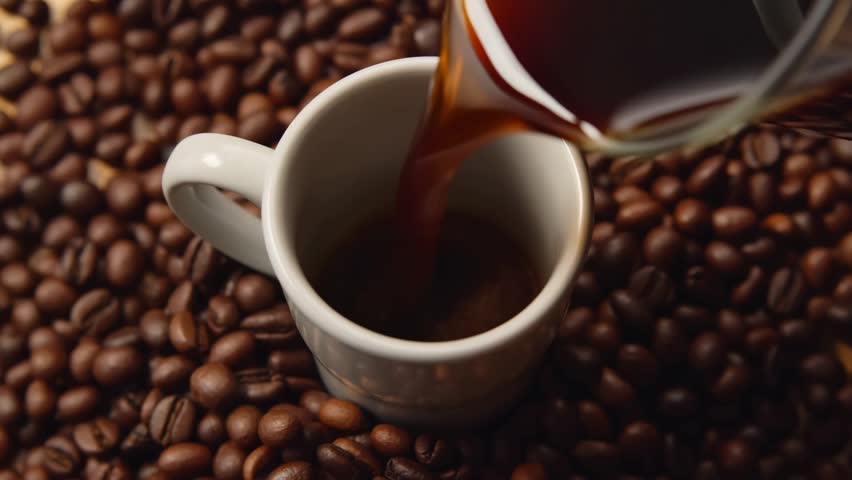 Hot coffee is poured into a white cup surrounded by roasted coffee beans, creating a rich swirling surface
