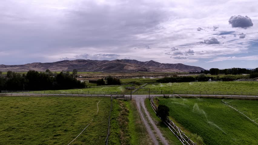 Aerial view of wheel line irrigation systems operating on green farmland with mountains in the background in Picabo, Idaho, United States.