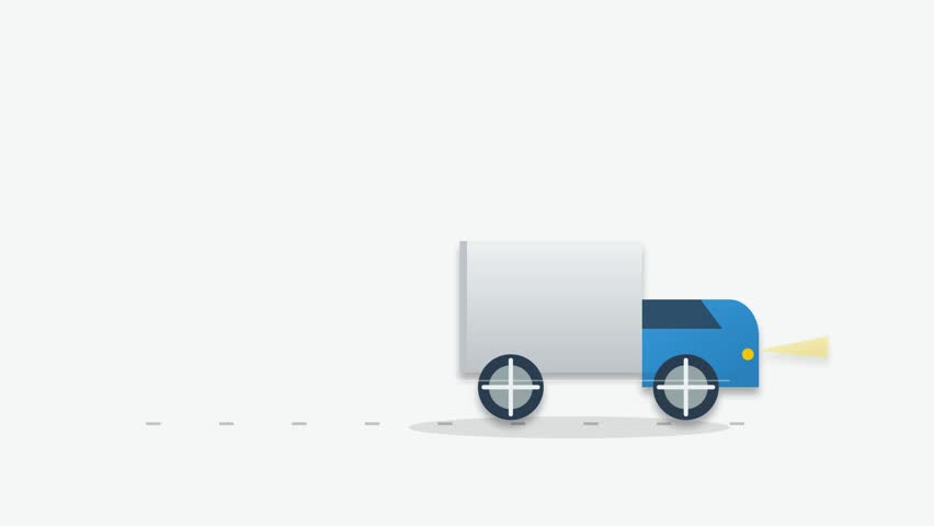 Flat vector illustration of a blue delivery truck driving fast towards the right with motion blur lines and yellow exhaust smoke on a clean white background representing logistics